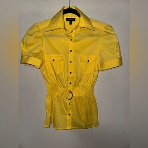 bebe Bright Yellow Short-Sleeve Belted Button-Front Blouse